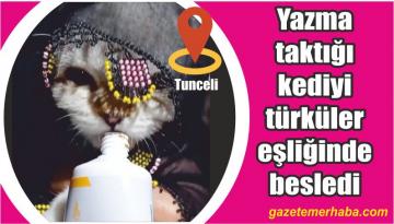 Yazma taktığı kediyi türkülerle besledi